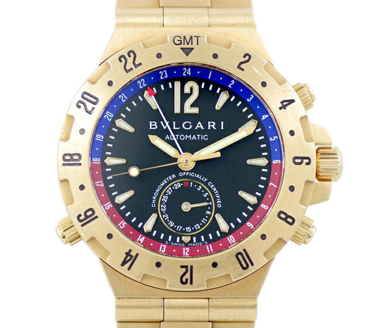 内部点検済 BVLGARI ブルガリ ディアゴノ プロフェッショナルGMT GMT40G 金無垢 デイト ブラック 黒 文字盤 K18 YG イエローゴールド メンズ 自動巻き【6ヶ月保証】【腕時計】【中古】