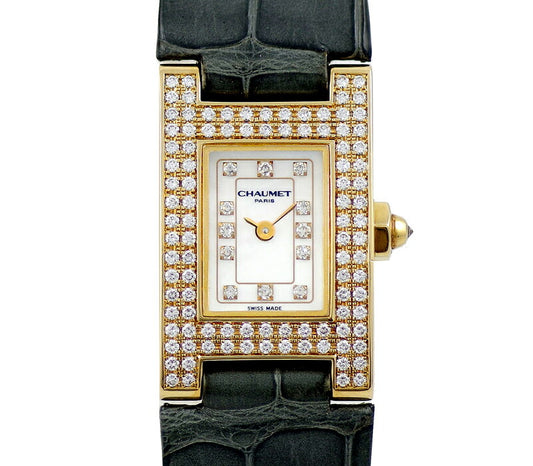 Battery replacement CHAUMET Show -style show -style lectangle diamond bezel 12P diamond white shell dial K18YG Yellow gold golden golden genuine genuine genuine genuine genuine genuine K18YG buckle Ladies quartz [6 months warranty] [Used]