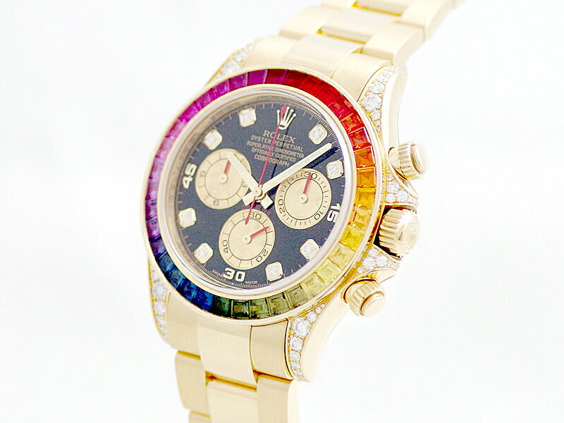 ROLEX ロレックス DAYTONA デイトナ 116598RBOW レインボー ランダム  8Pダイヤモンド 赤針 ブラック 黒 文字盤 K18YG イエローゴールド 金無垢 メンズ 自動巻き【6ヶ月保証】【腕時計】【中古】