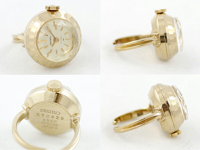 SEIKO Seiko Ring Watch Cut Glass 11 0290 Champagne YGP Yellow Gold SS Stainless Steel Handwriting Antique Vintage Watch Used