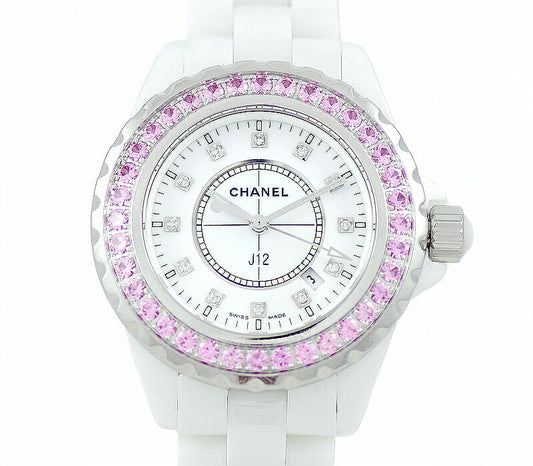 電池交換済 CHANEL シャネル J12 33mm H2010 純正ピンクサファイヤベゼル 純正12Pダイヤモンド 白 ホワイト セラミック SS レディース クォーツ【6ヶ月保証】【腕時計】【中古】