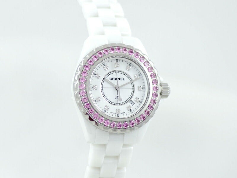 Battery replacement CHANEL Chanel J12 33mm H2010 genuine pink sapphire bezel genuine 12P diamond white white ceramic SS Ladies quartz [6 months warranty] [Watch] [Used]