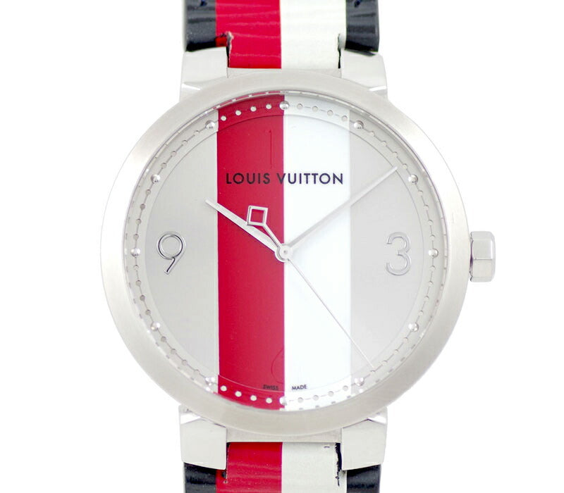 Battery replacement LOUIS VUITTON Louis Vuitton Tambul Slim Q1D02 Kim Jones Stripe White Red White Red White Red SS Stainless Steel Genuine Belt Genuine Tuck Men's Quartz [6 months Warranty] [Watch] [Used]