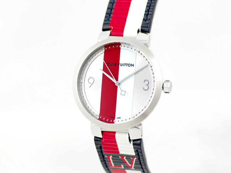 Battery replacement LOUIS VUITTON Louis Vuitton Tambul Slim Q1D02 Kim Jones Stripe White Red White Red White Red SS Stainless Steel Genuine Belt Genuine Tuck Men's Quartz [6 months Warranty] [Watch] [Used]