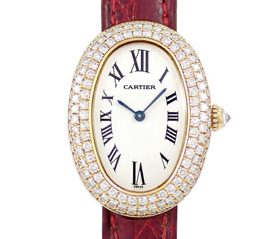 電池交換済 Cartier カルティエ ベニュワール 3重ダイヤモンドベゼル 白 ホワイト アイボリー K18YG イエローゴールド  純正ベルト 純正K18ベルト 金無垢 アフターダイヤ レディース クォーツ【6ヶ月保証】【腕時計】【中古】