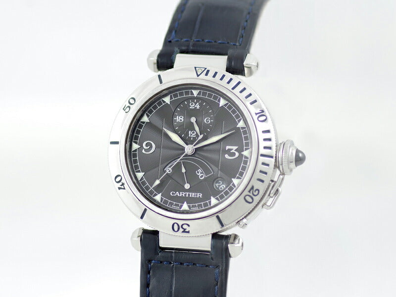 OH済み Cartier カルティエ パシャ 38mm N950 プラチナベゼル パワーリザーブ GMT デイト W3105055 グレー ギョーシェ PT プラチナ ステンレス 純正ベルト メンズ 自動巻き【6ヶ月保証】【腕時計】【中古】