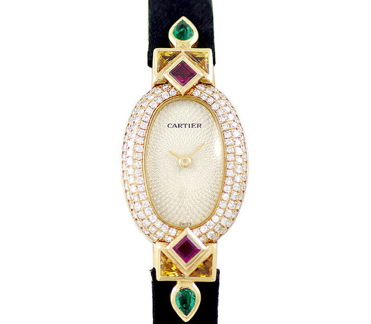 Cartier Cartier Mini Benuir Genuine 3 layer Diamond Emerald Ruby Yellow Sapphire Silver Gyo She Dial K18YG Yellow Gold Gold Golden Gold Genuine Genuine Genuine Genuine Genuine Genuine K18YG Bucket Ladies Quartz