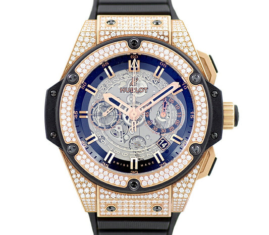 HUBLOT ウブロ キングパワー ウニコ キングゴールド パヴェダイヤ 701.OX.0180.RX.1704 クロノグラフ デイト ブラック 黒 スケルトン K18PG ピンクゴールド  金無垢 純正フルダイヤ 純正ベルト 純正尾錠 メンズ 自動巻き ビッグバン【6ヶ月保証】【腕時計】【中古】