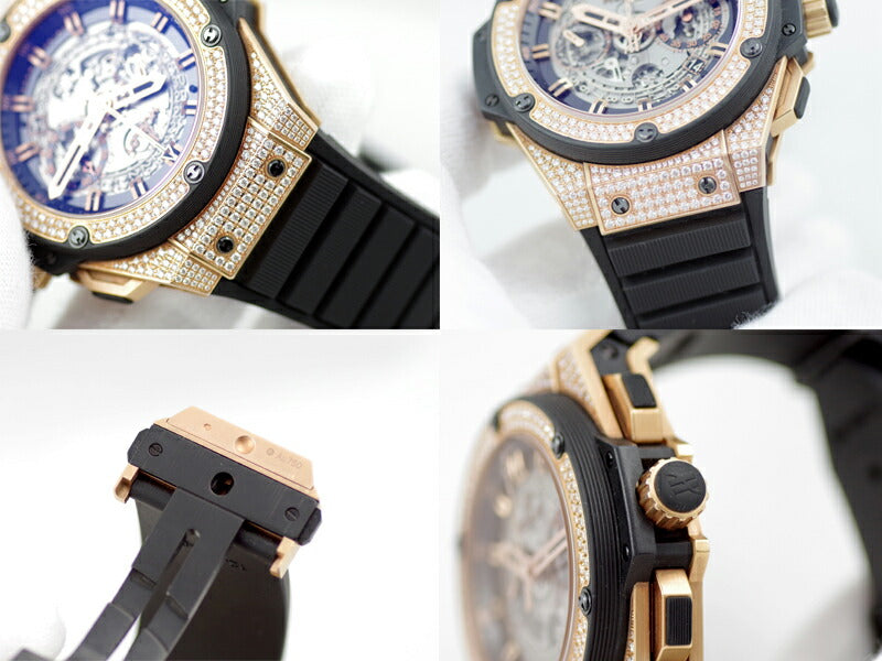 HUBLOT ウブロ キングパワー ウニコ キングゴールド パヴェダイヤ 701.OX.0180.RX.1704 クロノグラフ デイト ブラック 黒 スケルトン K18PG ピンクゴールド  金無垢 純正フルダイヤ 純正ベルト 純正尾錠 メンズ 自動巻き ビッグバン【6ヶ月保証】【腕時計】【中古】