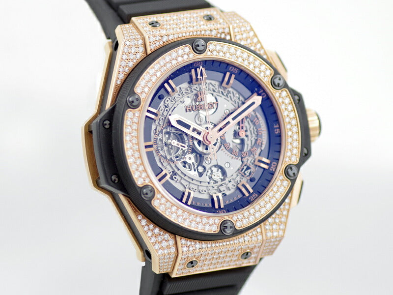 HUBLOT ウブロ キングパワー ウニコ キングゴールド パヴェダイヤ 701.OX.0180.RX.1704 クロノグラフ デイト ブラック 黒 スケルトン K18PG ピンクゴールド  金無垢 純正フルダイヤ 純正ベルト 純正尾錠 メンズ 自動巻き ビッグバン【6ヶ月保証】【腕時計】【中古】