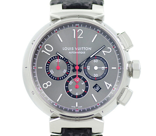 LOUIS VUITTON Louis Vuitton Tambour Chronograph 44mm QA025 Date 100 Waterproof Gray SS Stainless Steel Genuine Belt Genuine Tuck Men's Automatic Wind