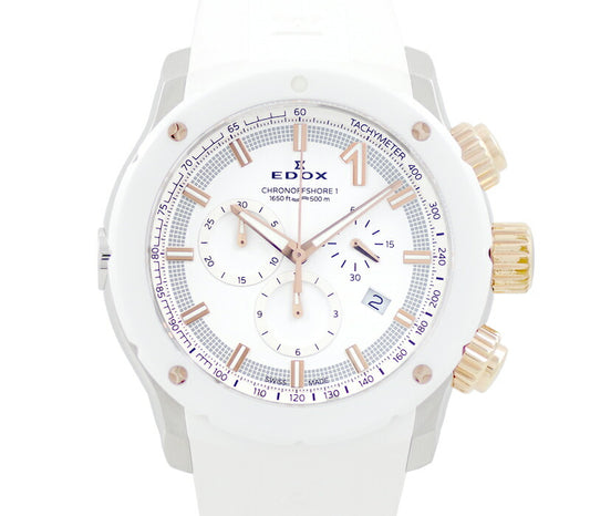 電池交換済 EDOX エドックス クロノオフショア1 10221-357RB3-BIR3 クロノグラフ 白 ホワイト イエローゴールド コンビ SS ステンレス セラミック 純正ベルト 純正尾錠 メンズ クォーツ【6ヶ月保証】【腕時計】【中古】