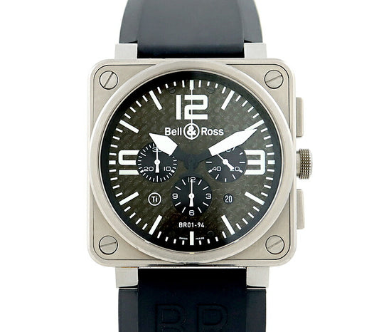 BELL＆ROSS ベル＆ロス アヴィエーション BR01-94-T-00233 クロノグラフ ブラック 黒 カーボン Ti チタン 純正ラバーベルト 純正尾錠 メンズ  自動巻き 【6ヶ月保証】【腕時計】【中古】