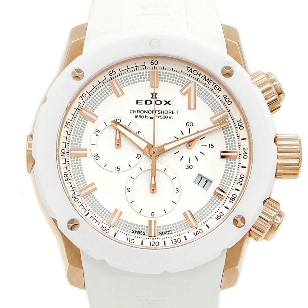 電池交換済 EDOX エドックス クロノオフショア1 クロノグラフ 10221 デイト 500m防水 白 ホワイト ローズゴールド SS ステンレス セラミック 純正ベルト 純正尾錠 メンズ クォーツ【6ヶ月保証】【腕時計】【中古】