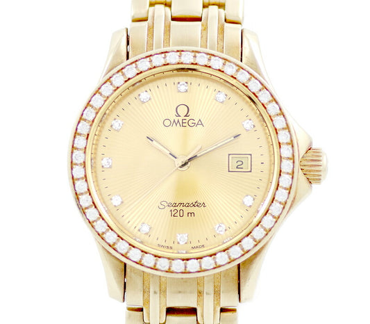 Battery replacement OMEGA Omega Sea Master 120m Genuine diamond gold solid 2185.15 12PD Diamond Gold K18YG Yellow Gold Ladies Quartz [6 months warranty] [Watch] [Used]