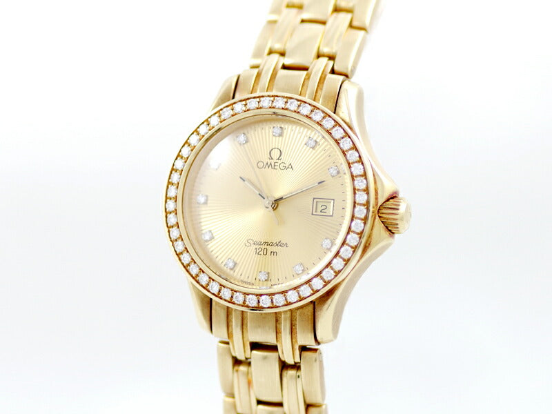 Battery replacement OMEGA Omega Sea Master 120m Genuine diamond gold solid 2185.15 12PD Diamond Gold K18YG Yellow Gold Ladies Quartz [6 months warranty] [Watch] [Used]