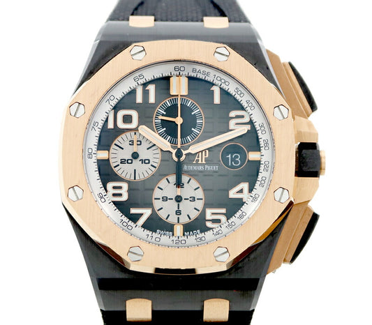 AUDEMARS PIGUET オーデマピゲ ロイヤルオーク オフショア クロノ ブティック限定モデル 26405NR スモークグレー  PG ピンクゴールド セラミック ラバー メンズ 自動巻き AP 26405NR.OO.A002CA.01【6ヶ月保証】【腕時計】【中古】