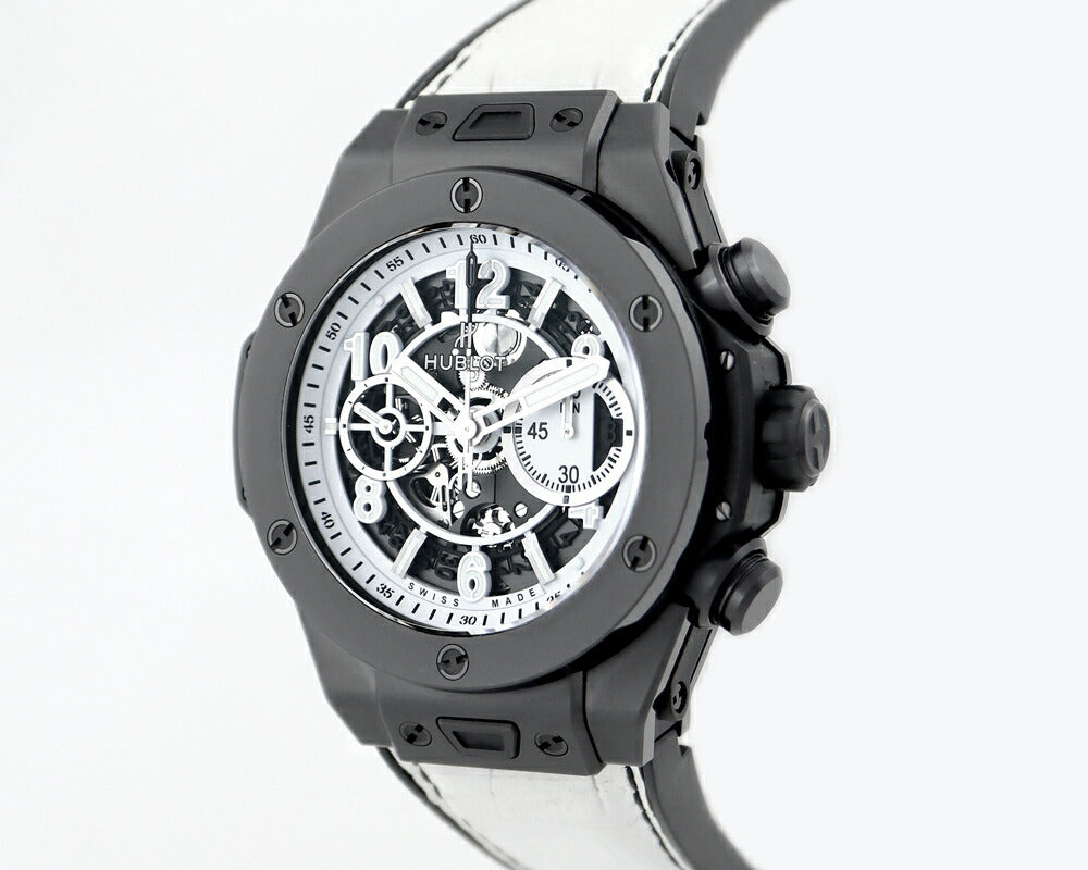 HUBLOT ウブロ ビッグバン ウニコ 411.CI.2010.LR.JPN16 日本限定 クロノグラフ 白 黒 ホワイト イン ブラック  スケルトン セラミック 純正ベルト 純正尾錠 メンズ 自動巻き ビックバン 【6ヶ月保証】【腕時計】【中古】