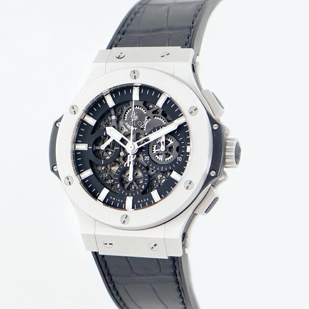 内部点検済 HUBLOT ウブロ ビッグバン アエロバン スチール 311.SX.1170.GR 44mm クロノグラフ デイト スケルトン ブラック 黒 SS メンズ 自動巻き ビックバン【6ヶ月保証】【腕時計】【中古】