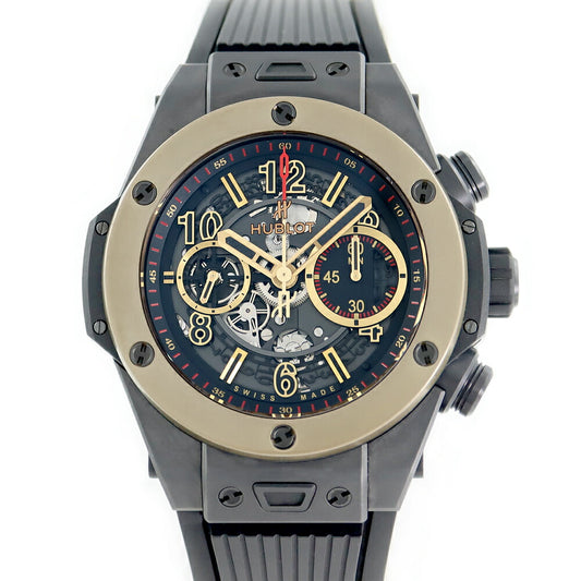 内部点検済 HUBLOT ウブロ ビックバン ウニコ セラミック マジックゴールド 411.CM.1138.RX 44mm クロノグラフ デイト スケルトン ゴールド ブラック 黒 SS ステンレス セラミック メンズ 自動巻き ビッグバン【6ヶ月保証】【腕時計】【中古】