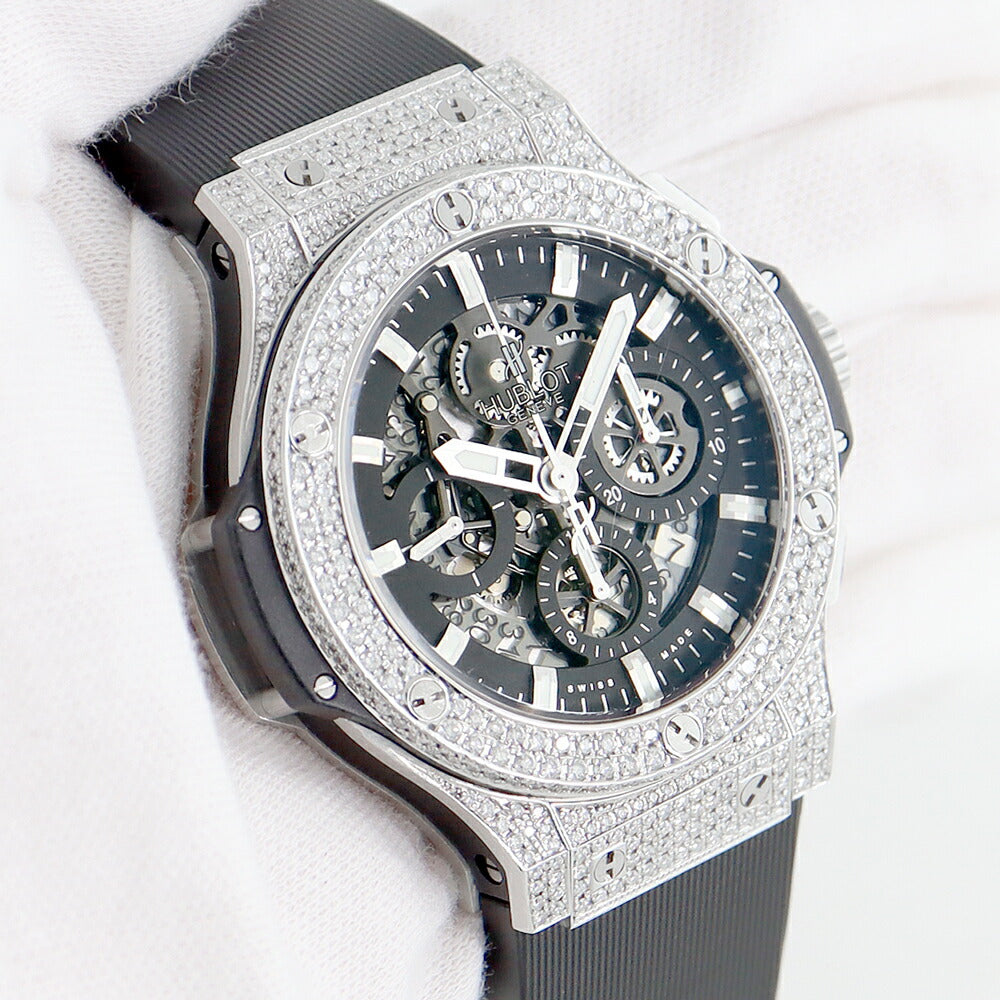 内部点検済 HUBLOT ウブロ ビッグバン アエロバン スチール フルダイヤ 311.SX.1170.RX 44mm ダイヤベゼル ダイヤバックル クロノグラフ デイト スケルトン ブラック 黒 SS アフターダイヤ メンズ 自動巻き ビックバン 1704【6ヶ月保証】【腕時計】【中古】