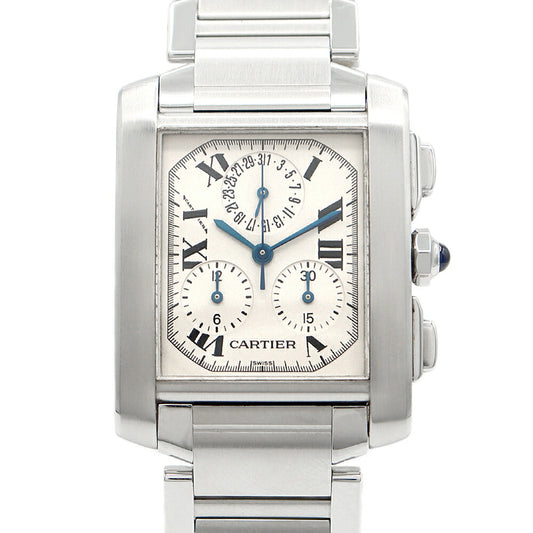 電池交換済 Cartier カルティエ タンクフランセーズ LM クロノリフレックス W51001Q3 クロノグラフ デイト 白 ホワイト アイボリー SS ステンレス メンズ クォーツ 【6ヶ月保証】【腕時計】【中古】