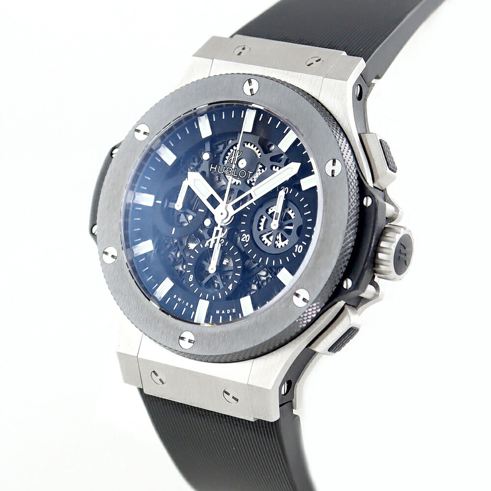 内部点検済 HUBLOT ビッグバン アエロバン スチールセラミック  311.SM.1170.RX 44mm クロノグラフ デイト スケルトン 黒 ブラック SS ステンレス セラミック 純正ベルト 純正尾錠 メンズ 自動巻き ビックバン【6ヶ月保証】【腕時計】【中古】