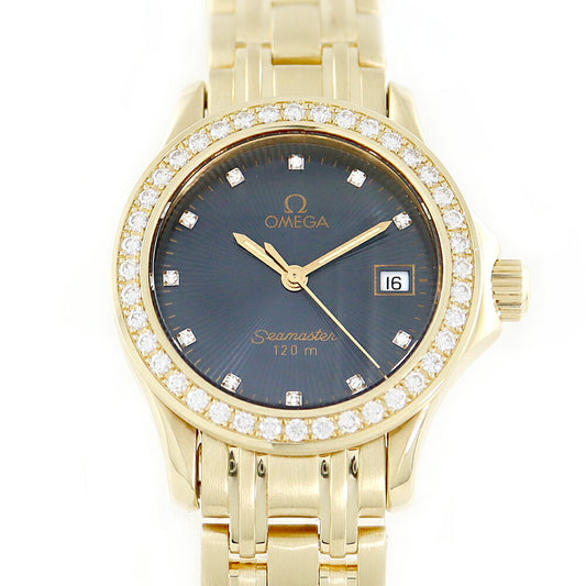 Almost new battery replacement OMEGA Omega Sea Master 120m 2185.45 Navy Navy Diamond Bezel 12P Diamond Genuine Diamond K18YG Yellow Gold Gold Solid Ladies Quartz [6 months Warranty] [Watch] [Used]