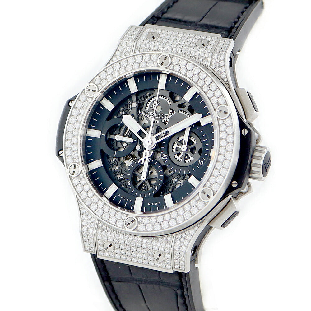 Inspection HUBLOT Uburo Big Big Bang Aeroban Genuine Diamond Diamond Besel Rug Diamond Full Pave 311.SX.11704 44mm Chronograph Date Skeleton Black Black SS Men's Automatic Big Bang [6 months warranty] [Used]