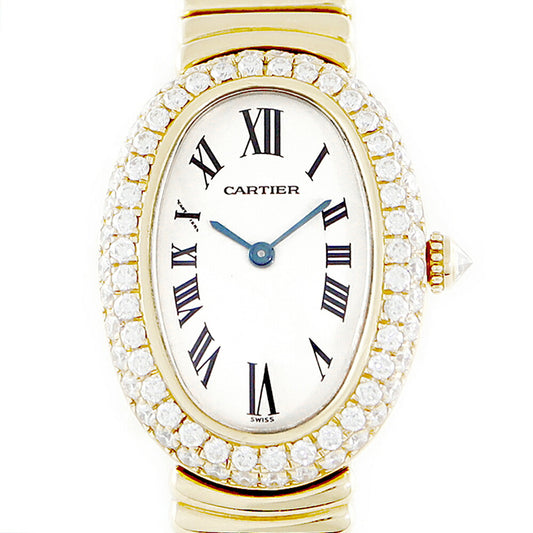 電池交換済 Cartier カルティエ ベニュワール 1954 ダイヤベゼル ダイヤリューズ 白 ホワイト アイボリー K18YG イエローゴールド 金無垢 アフターダイヤ レディース クォーツ W15045D8【6ヶ月保証】【腕時計】【中古】