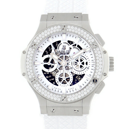 内部点検済 HUBLOT ウブロ ビッグバン アエロバン 日本限定 オールホワイト ダイヤモンド 311.SE.2010.RW.1104.JSM12 44mm 純正ダイヤベゼル クロノグラフ デイト スケルトン ホワイト 白 SS メンズ 自動巻き ビックバン【6ヶ月保証】【腕時計】【中古】