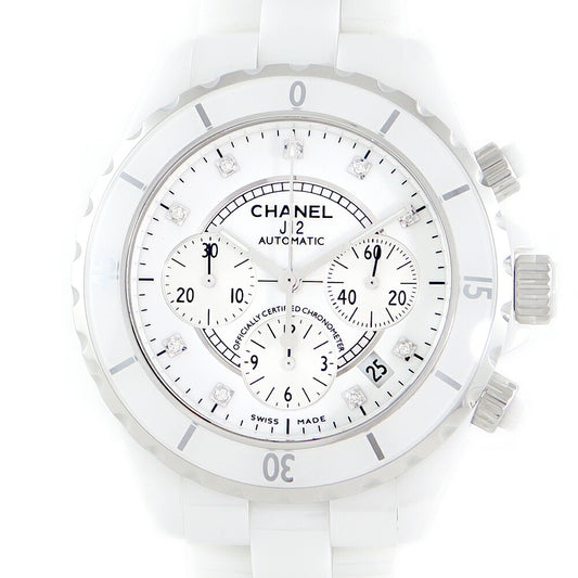 内部点検済 CHANEL シャネル J12 41mm H2009 クロノグラフ 9Pダイヤモンド 純正ダイヤ 白 ホワイト SS ステンレス セラミック メンズ 自動巻き【6ヶ月保証】【腕時計】【中古】