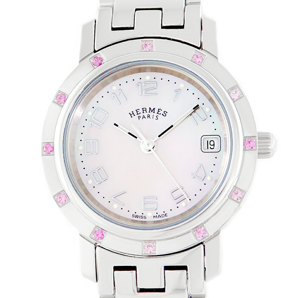 ☆Battery replacement Hermes Hermes Clipper CL4.231 Date 12P pink sapphire bezel pink shell SS stainless steel ladies quartz [6 months warranty] [Watch] [Used]