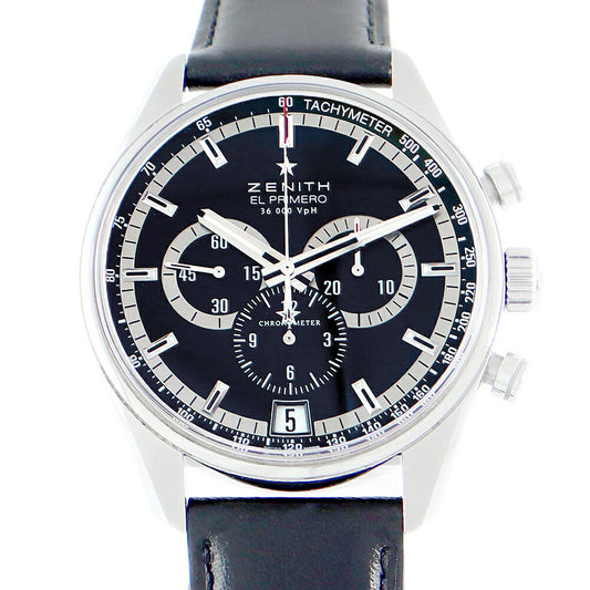 ZENITH ゼニス EL PRIMERO エルプリメロ 36000VPH 03.2040.400 21.C496 クロノグラフ 黒 ブラック SS ステンレス 新品ベルト 純正尾錠 裏スケ メンズ 自動巻き【6ヶ月保証】【腕時計】【中古】