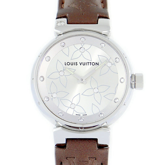 ☆電池交換済 LOUIS VUITTON ルイヴィトン タンブール ラブリーダイヤモンド Q131F 100m防水 18Pダイヤ 純正ダイヤモンド シルバー SS ステンレス 純正ベルト 純正尾錠 レディース クォーツ【6ヶ月保証】【腕時計】【中古】