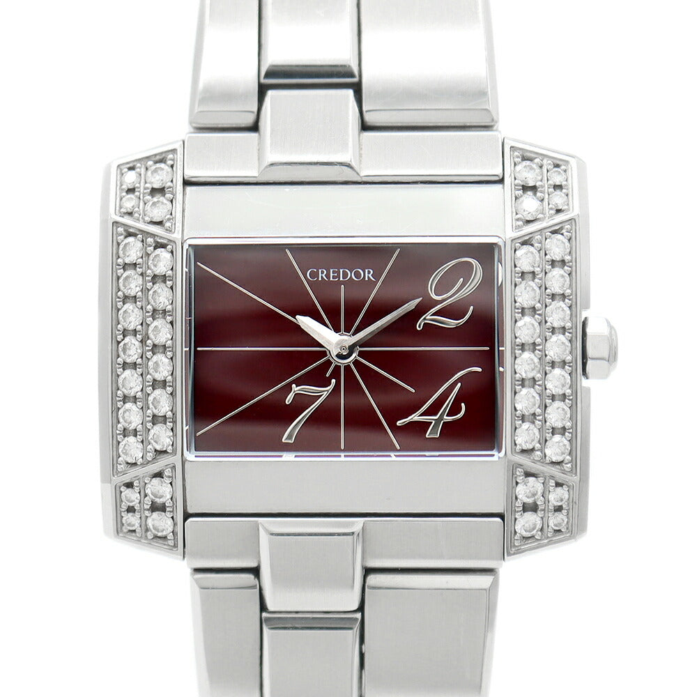 Battery replacement SEIKO Seiko Credor Credor Node J Diamond 1E70-0bl0 Diamond Besel Bordeaux Wine Red SS Stainless Ladies Quartz [6 months Warranty] [Watch] [Used]