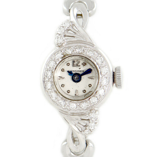 Rare Longines Longines K14WG White Gold Blue Diamond Bezel Silver Ladies Hand -wound Antique Vintage [Watch] [Used]