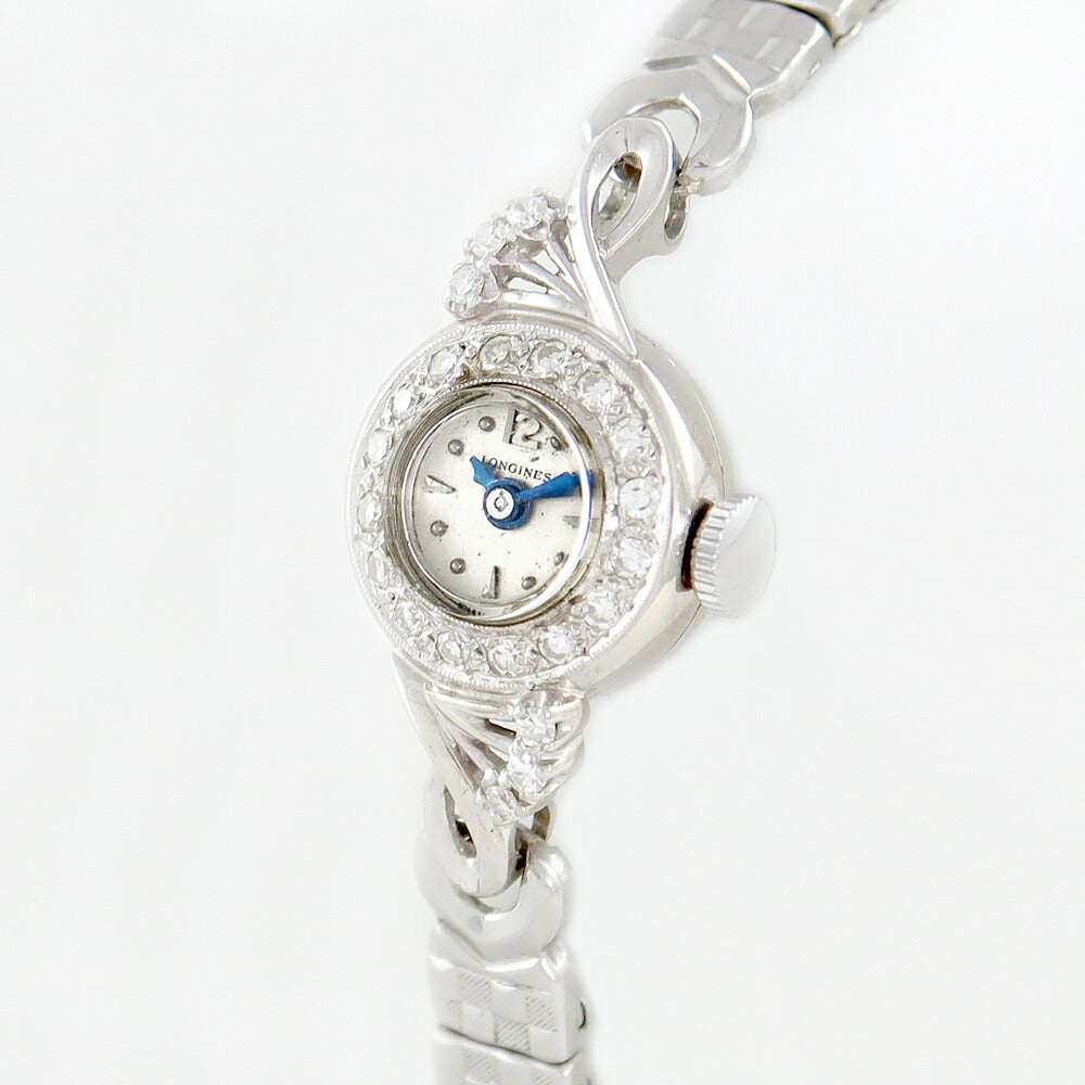 Rare Longines Longines K14WG White Gold Blue Diamond Bezel Silver Ladies Hand -wound Antique Vintage [Watch] [Used]