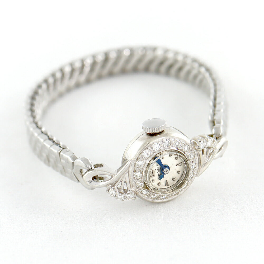 Rare Longines Longines K14WG White Gold Blue Diamond Bezel Silver Ladies Hand -wound Antique Vintage [Watch] [Used]