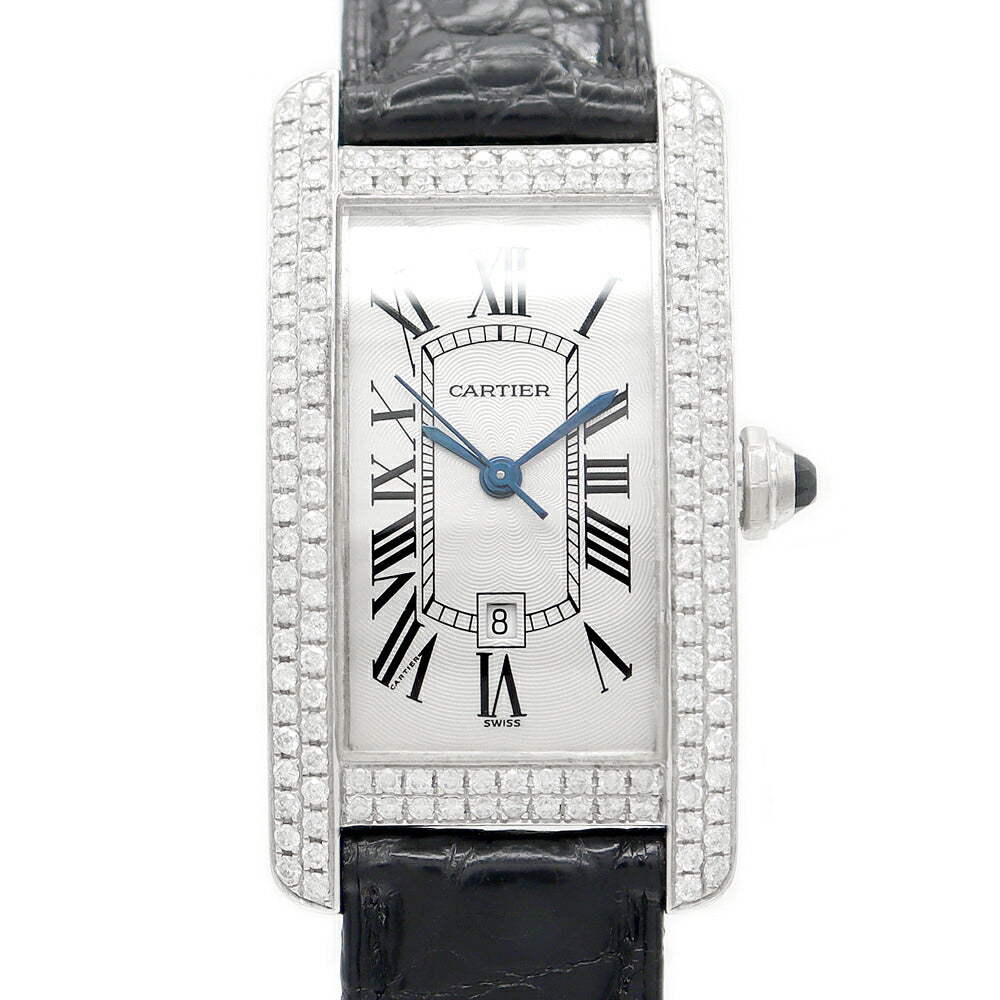 Cartier カルティエ タンクアメリカン MM W2603656 金無垢 デイト 2重ダイヤベゼル シルバー ギョーシェ  K18WG ホワイトゴールド 純正ベルト 純正K18WG尾錠 アフターダイヤ メンズ レディース 自動巻き【6ヶ月保証】【腕時計】【中古】