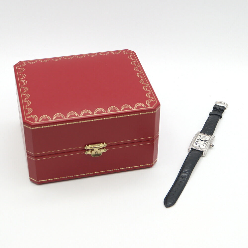 Cartier カルティエ タンクアメリカン MM W2603656 金無垢 デイト 2重ダイヤベゼル シルバー ギョーシェ  K18WG ホワイトゴールド 純正ベルト 純正K18WG尾錠 アフターダイヤ メンズ レディース 自動巻き【6ヶ月保証】【腕時計】【中古】