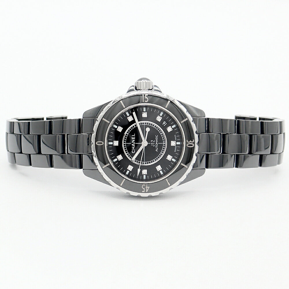 内部点検済 CHANEL シャネル J12 38mm H1626 200m防水 デイト 12Pダイヤモンド 黒 ブラック セラミック SS ステンレス メンズ 自動巻き【6ヶ月保証】【腕時計】【中古】