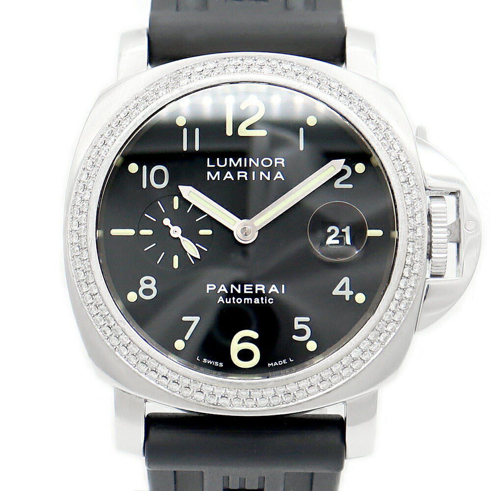 PANERAI パネライ ルミノール マリーナ PAM00164 OP6763 デイト ダイヤモンドベゼル 44mm 黒 ブラック SS ステンレス 純正ベルト 純正尾錠 アフターダイヤ メンズ 自動巻き【6ヶ月保証】【腕時計】【中古】