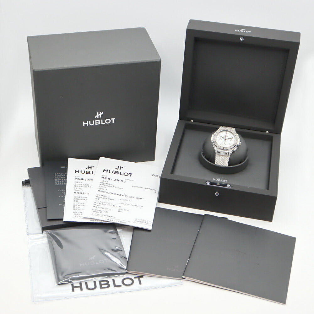 HUBLOT ウブロ ビッグバン アスペン パヴェ クロノグラフ 342.SE.230.RW.174 41mm デイト オールホワイト 純正ダイヤモンド ダイヤベゼル ラグダイヤ 白 ホワイト TI チタン SS ステンレス 純正ベルト 純正尾錠 メンズ レディース 自動巻き【6ヶ月保証】【腕時計】【中古】