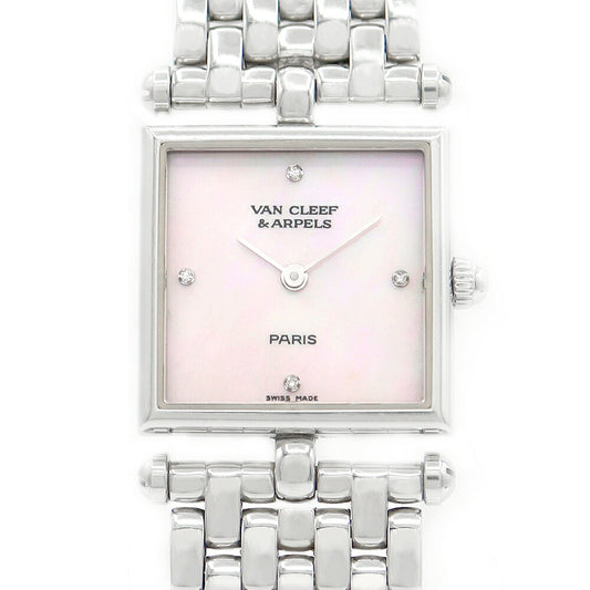 Battery replacement VANCLEEF & ARPELS Van Cleef & Arpel Classic Square 522642 4P Diamond Pink Shell SS Stainless Ladies Quartz [6 months warranty] [Watch] [Used]