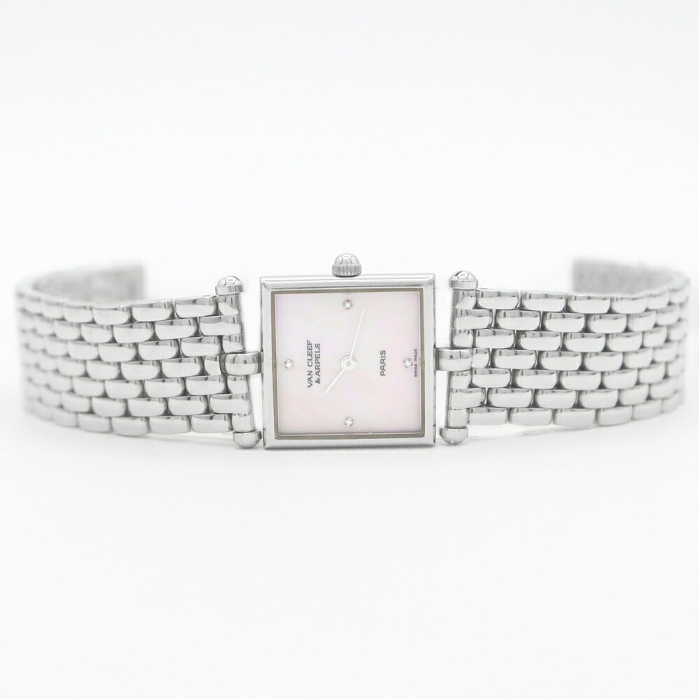 Battery replacement VANCLEEF & ARPELS Van Cleef & Arpel Classic Square 522642 4P Diamond Pink Shell SS Stainless Ladies Quartz [6 months warranty] [Watch] [Used]