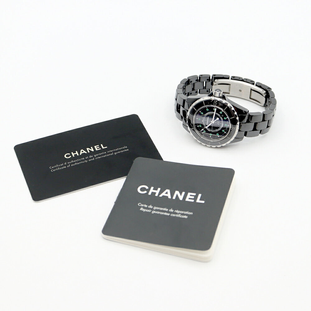 電池交換済 CHANEL シャネル J12 33mm H2130 デイト 純正12Pエメラルド 200m防水 黒 ブラック セラミック SS ステンレス レディース クオーツ【6ヶ月保証】【腕時計】【中古】