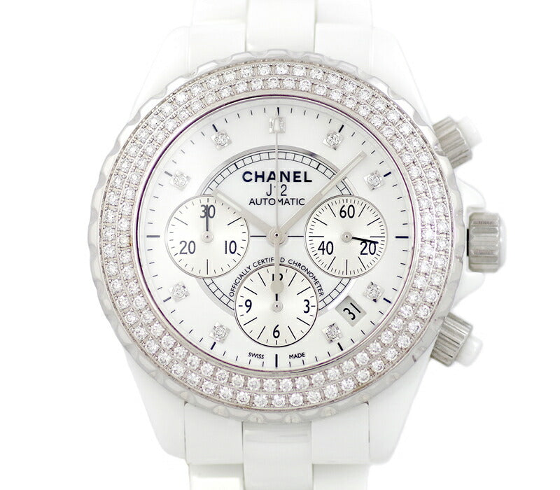 CHANEL シャネル J12 41mm H2009 クロノグラフ 純正9Pダイヤモンド 白 ホワイト 文字盤 セラミック SS アフターダイヤ メンズ 自動巻き 【腕時計】【中古】