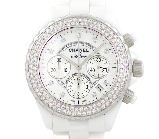 CHANEL シャネル J12 41mm H2009 クロノグラフ 純正9Pダイヤモンド 白 ホワイト 文字盤 セラミック SS アフターダイヤ メンズ 自動巻き 【腕時計】【中古】