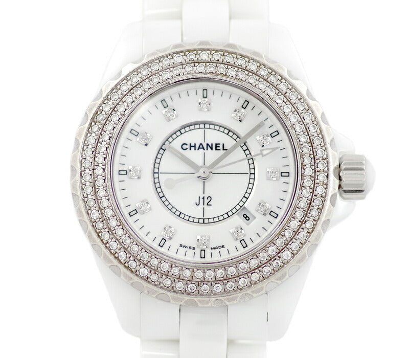 CHANEL シャネル J12 33mm H1628 純正12Pダイヤモンド 白 ホワイト 文字盤 セラミック SS アフターダイヤベゼル レディース クォーツ【腕時計】【中古】